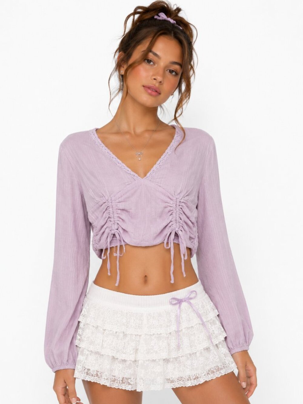 Aeropostale Y2K Coquette Crop Top M Lilac Lace V-Neck Ruched Balloon Sleeve NWT
